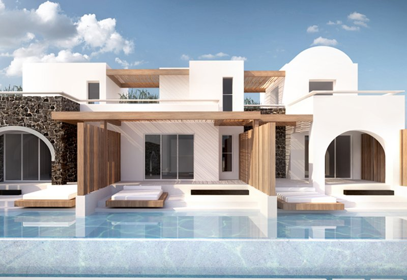 Pool terrace in front of the vaulted rooms